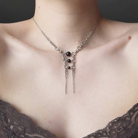 Gothic obsidian unique silver double rosary necklace - Picture 7 of 7